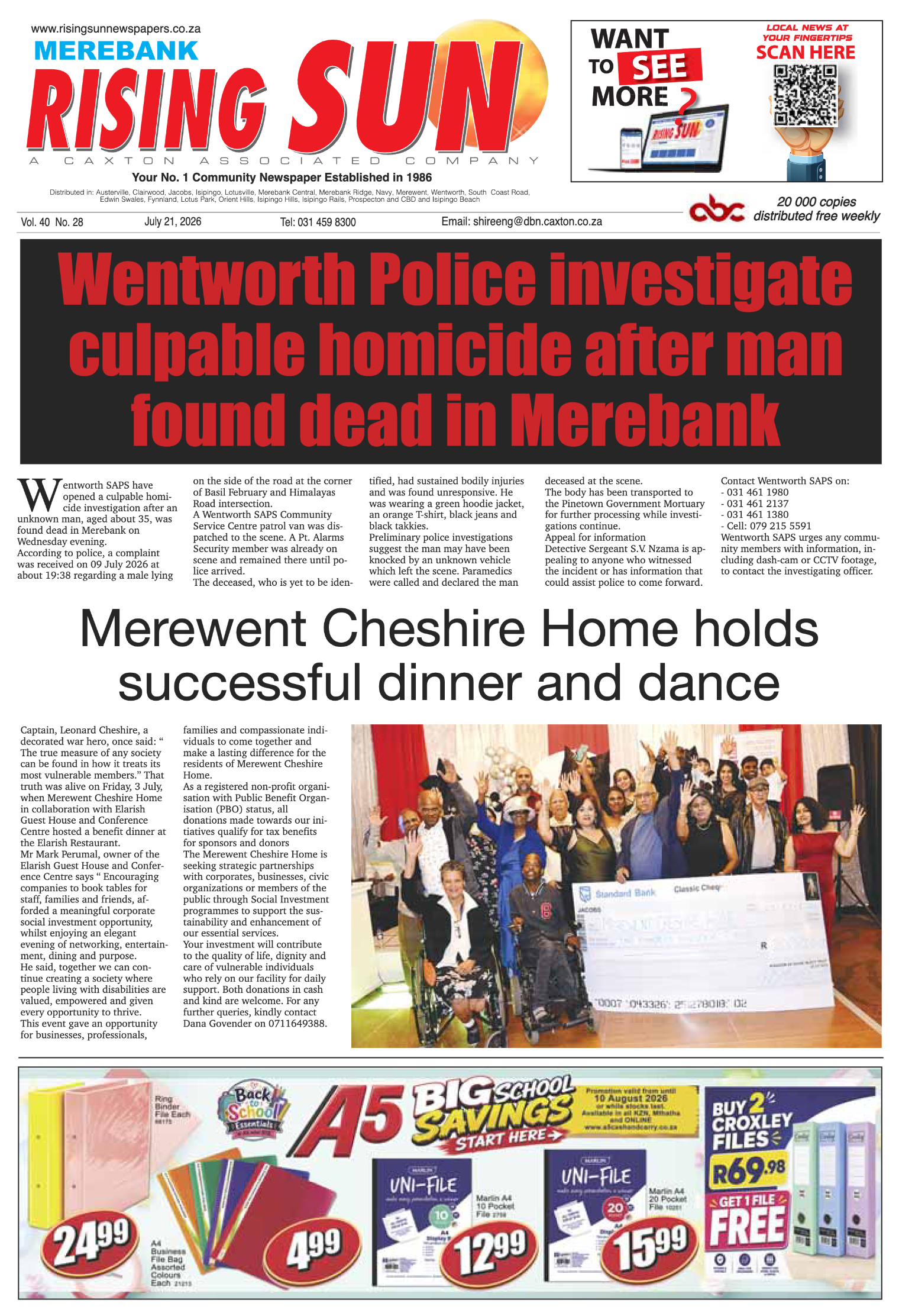 Rising Sun Merebank E-Paper, July 21, 2026 page 1