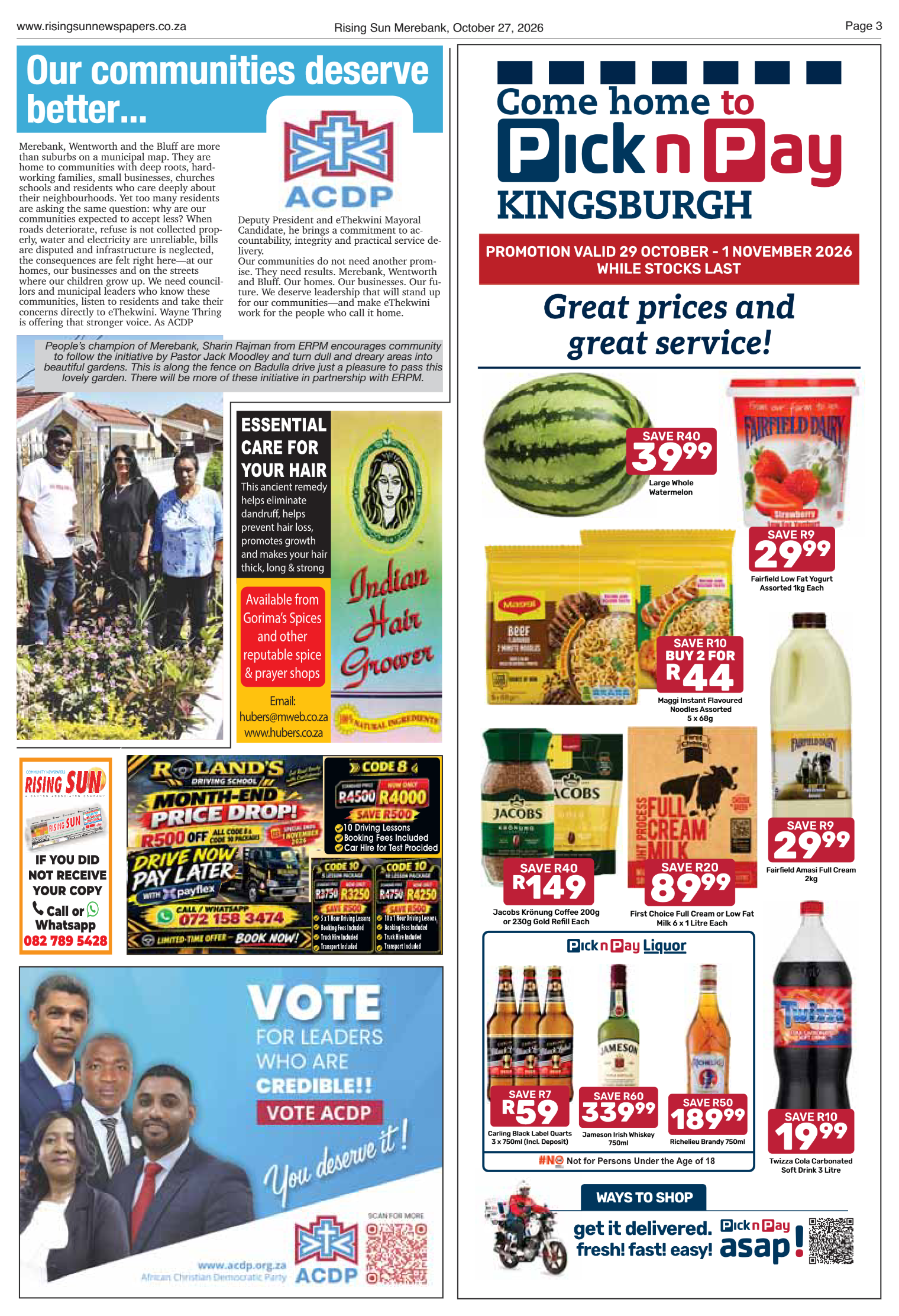 Rising Sun Merebank E-Paper, October 27, 2026 | Rising Sun Newspapers